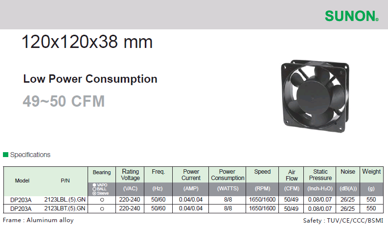 建準SUNON AC Low Power Consumption 120x120x38 mm